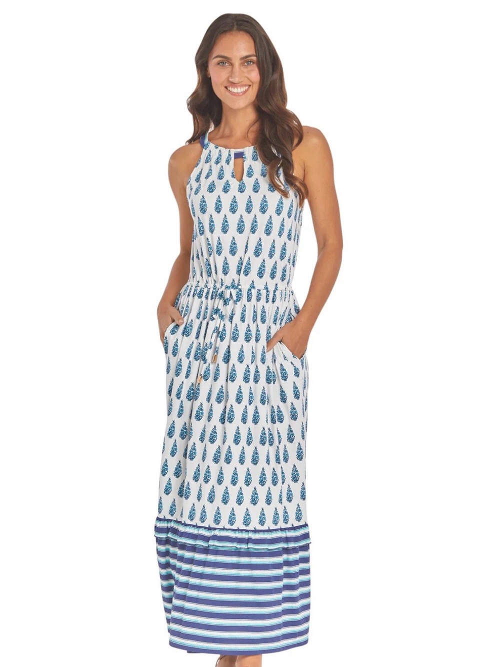 CABANA LIFE Delray Blue White Floral Halter Tie Waist Maxi Dress Size M - Picture 2 of 14